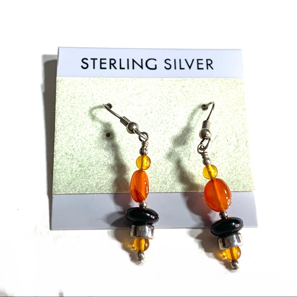 Carnelian Jet & Amber Beaded Dangle Earrings Sterling Silver Hooks Autumn Colors